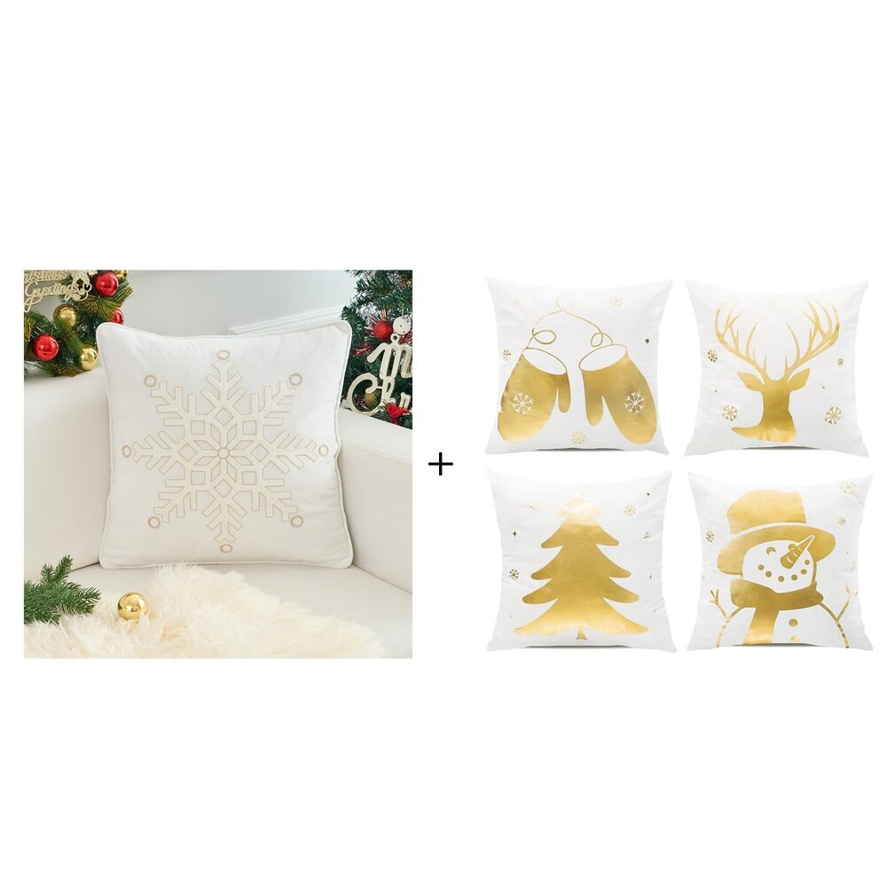 1042 White and Gold Christmas Pillow Covers 18 x 18 mas Snowflake